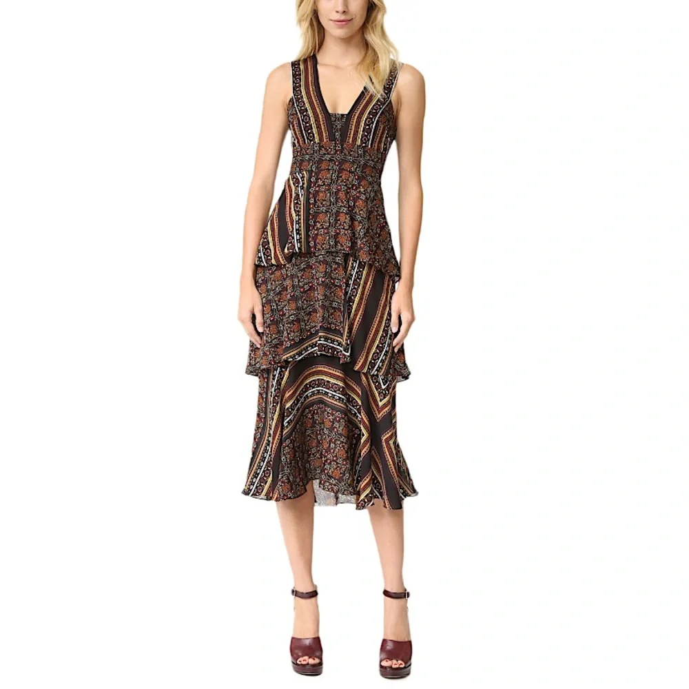 A.L.C Hayley multi-brown tiered 100% silk sleeveless dress sz 4 new without tags